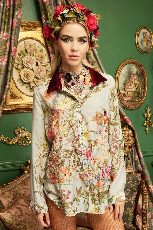 Lilia Embroidered Pearl Blue Shirt-- Hooded Caped Shawl Collar