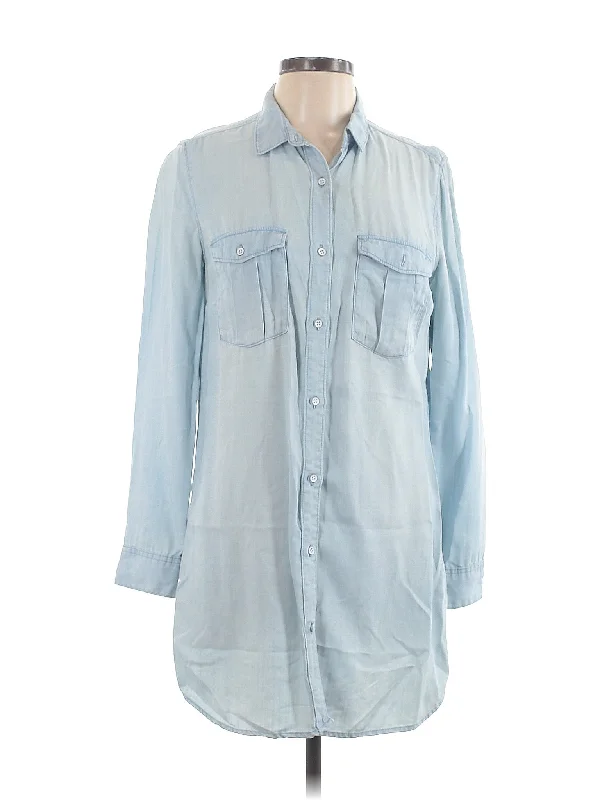 Long Sleeve Button Down Shirt-- Solid Print Embellished