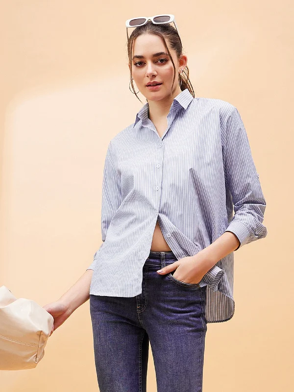 Women Blue Striped Oversized Shirt-- Fitted T-Shirt Seamless Stretchy