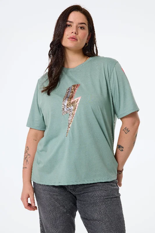 Khaki with Multi Coloured Sequin and Foil Lightning Bolt T-Shirt-- Silk Blend Satin Velvet