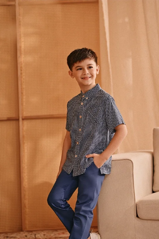 The Nest Batik Shirt - Blue Checked-- Boxy Fit Fitted Loose