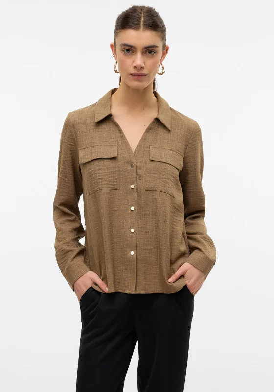 Vero Moda Vica Buttoned Shirt, Brown-- Embroidered Appliqued Beaded