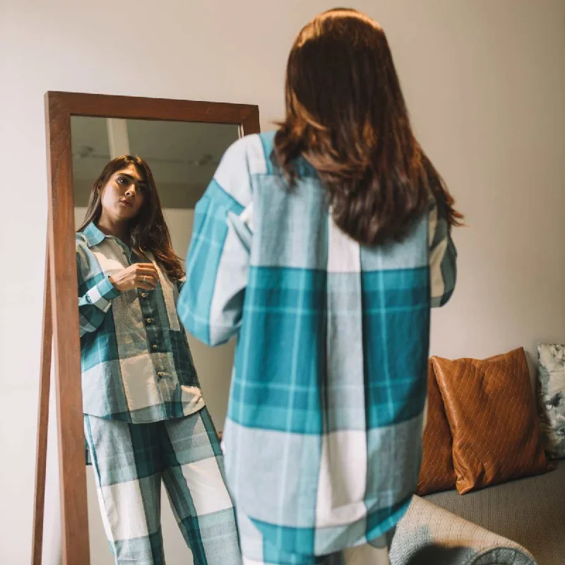 Wanderlust Women Co-ord Set | Checks | Full Shirt W/ Pants | Breathable Cotton-- Front Pockets Side Pockets Patch Pockets