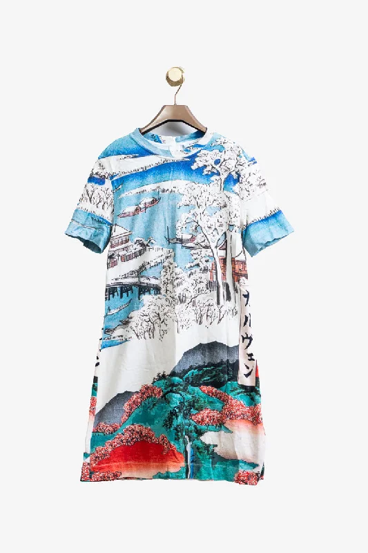 Winter Landscape Print T-Shirt Dress Cotton-- Ribbed Striped Patterned