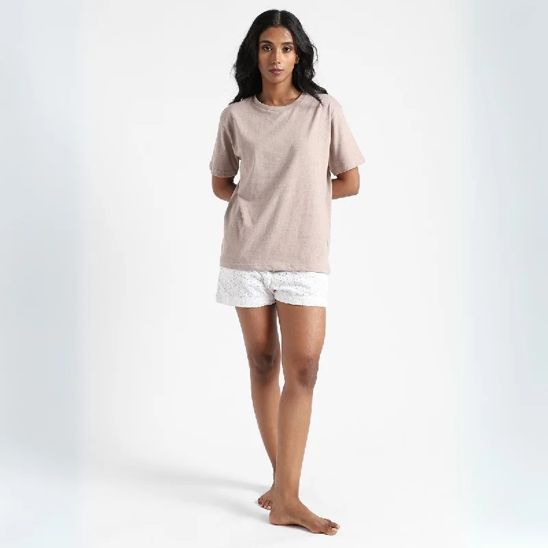 Women's Round Neck T-shirt | Premium Cotton | Comfort Fit | Oatmeal-- Houndstooth Herringbone Solid