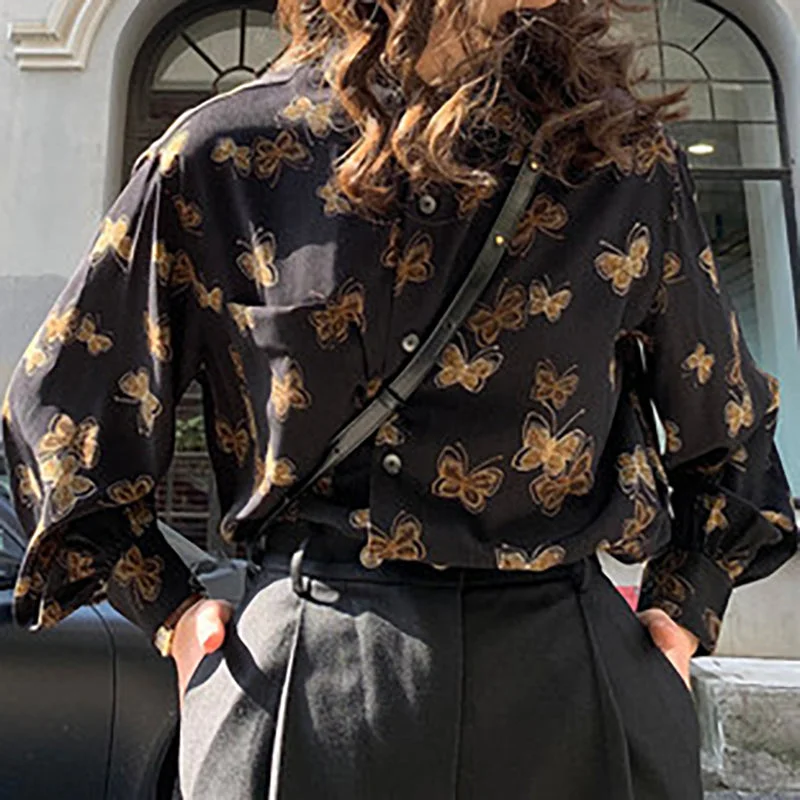 Vintage Button Up Shirt Kawaii 2024 Fashion Women Shirt Long Sleeve Animal Print Elegant Casual Blouse Women-- Lace Blend Ribbed Blend Corduroy Blend