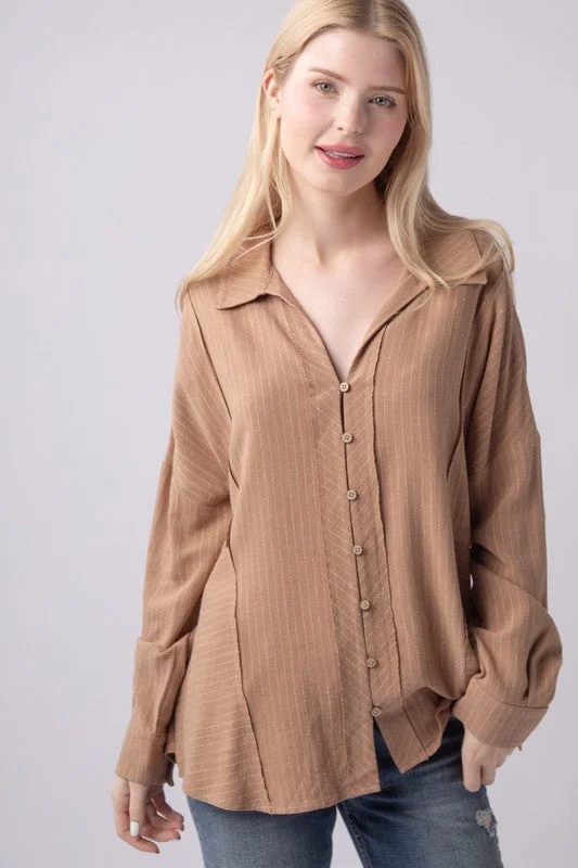 Oversized Taupe Striped Linen Shirt-- Collared Crew Neck Turtle Neck