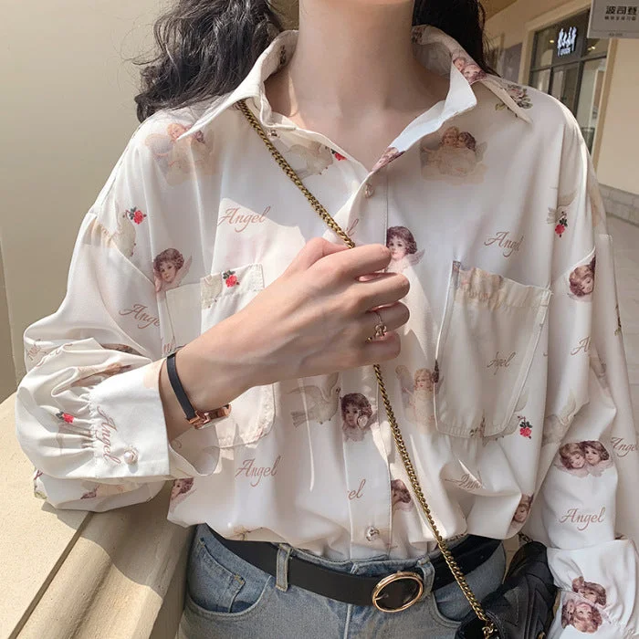 Angel Print Womens Shirt Vintage Elegant Blouse Women Spring 2024 Lantern Sleeve Female Clothes Loose Bf Shirt-- Terry Blend Velvet Blend Canvas Blend