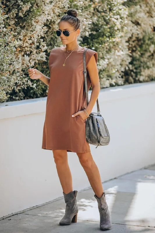 Padded Shoulder Sleeveless T-shirt Dress-- Fashionable Trendy Casual