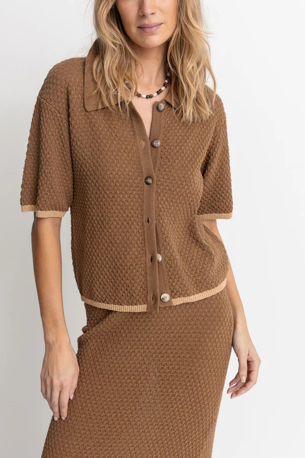 Rhythm Joni Short Sleeve Knit Shirt  - CHOCOLATE-- Rayon Velvet Corduroy