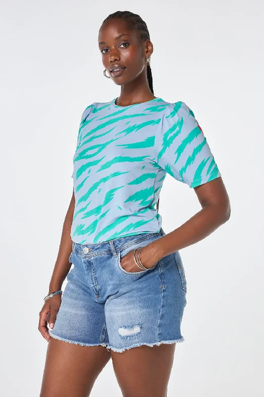 Light Blue with Green Graphic Tiger T-Shirt-- Silk Blend Satin Velvet
