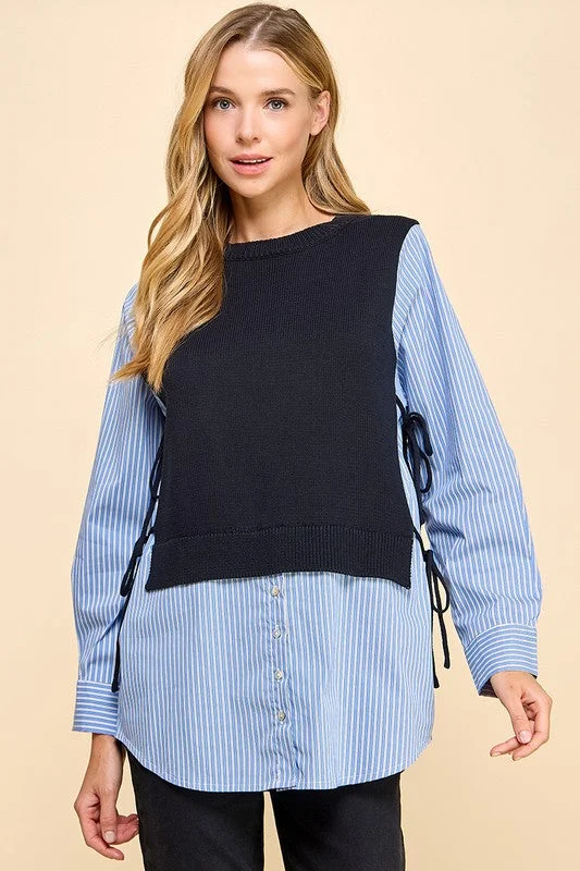 Knit Vest and Striped Poplin Shirt-- Striped Floral Plaid