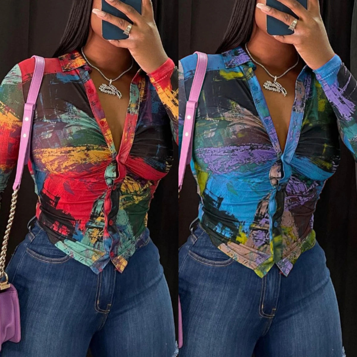 H304 New Trendy 2024 Spring Fall Women's Tops Fashionable Elegant Print Long Sleeve Sexy Shirt Tops Casual Shirts Women Blouse-- Machine Wash Dry Clean Hand Wash