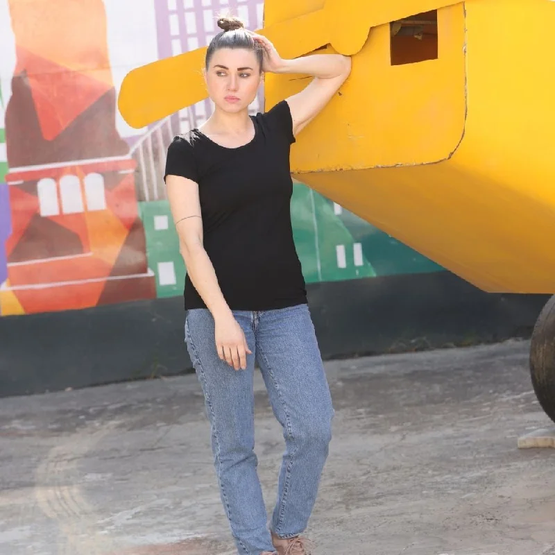 Half Sleeve T-Shirt | Bamboo Fabric | Comfort Fit | Women Active Wear | Black-- Welt Pockets Slit Pockets Flap Pockets