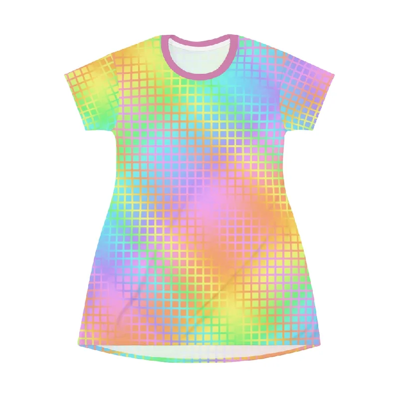 Rainbow Grid T-Shirt Dress-- Zippered Buttoned Snapped