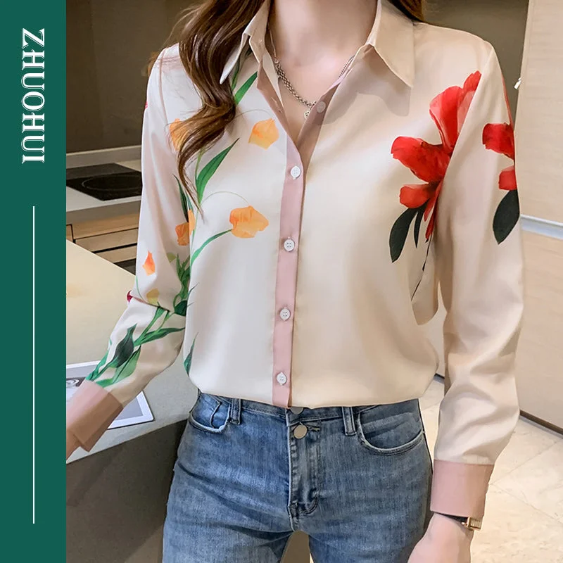 Chic Turn Down Collar Patchwork Single Breasted Floral Blouse Shirt Women Elegant Slim Office Shirts Ladies-- Mesh Fabric Canvas Fabric Denim Fabric