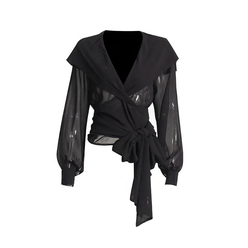 OUDINA Elegant Hooded Chiffon Shirt 2024 New Niche Design Cross Strap Waist Sheer Layer Shirts For Women-- Lace Blend Ribbed Blend Corduroy Blend