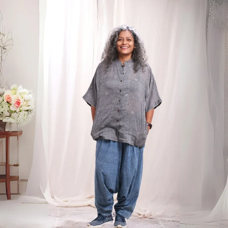 Grey Jamdani Kimono Shirt | Cotton Muslin | Relaxed Fit | Casual Wear-- Cashmere Blend Cotton Blend Poly Blend