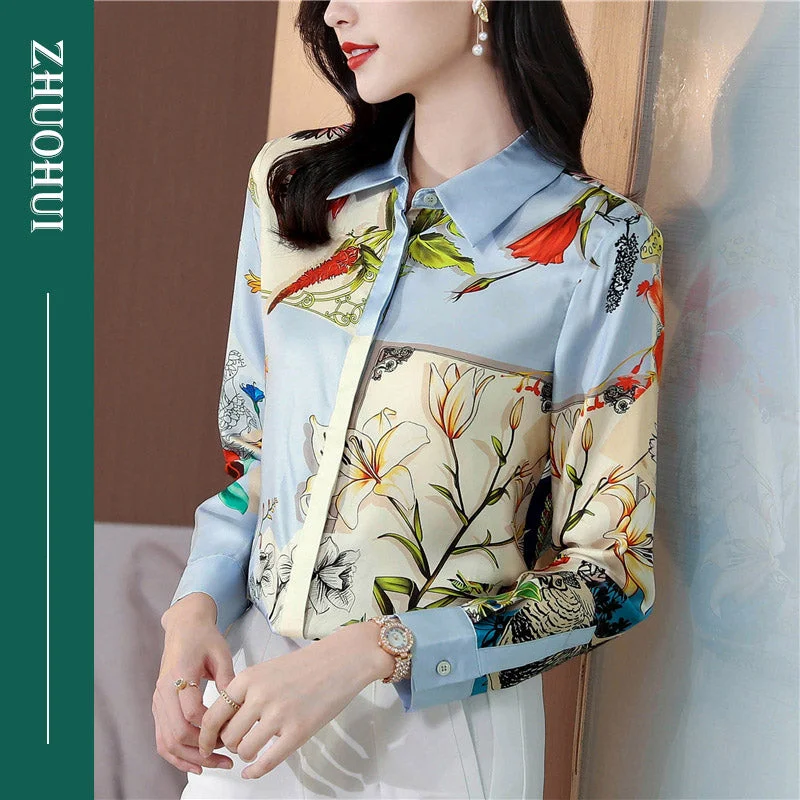 Autumn Elegant Eton Collar Single Breasted Patchwork Print Blouse Tops Women Slim Daily Work Flexible Shirts For Ladies-- Ribbed Striped Patterned