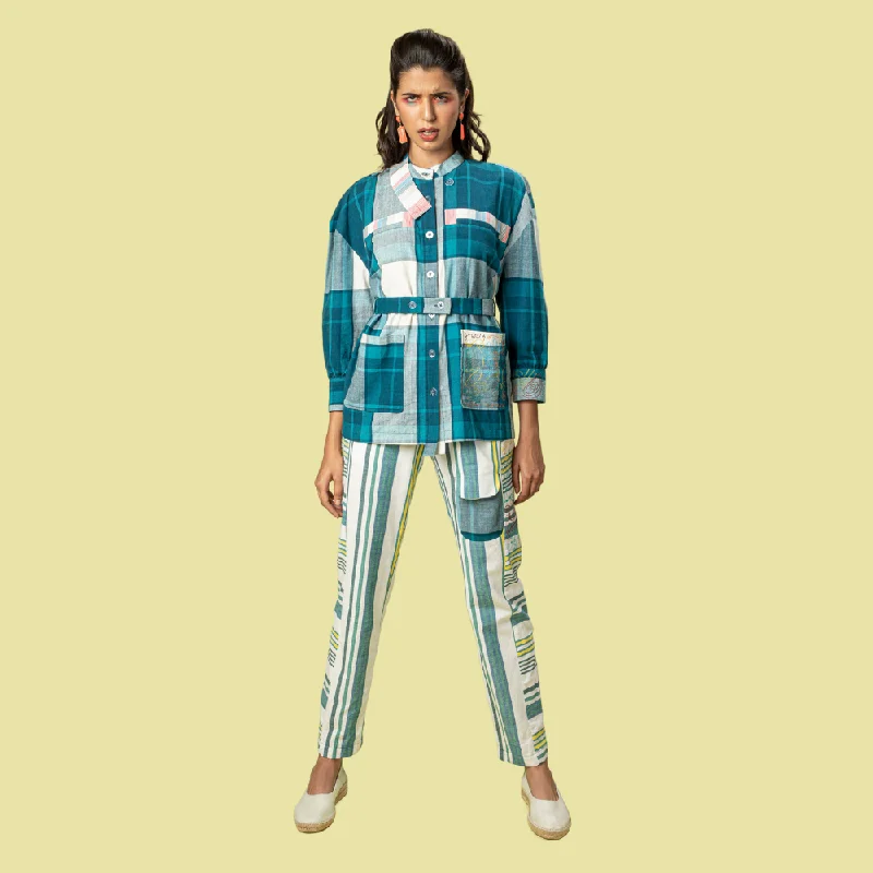 Safari Shirt For Women | Smart Resort Look | Check Surface | Teal Blue & White-- Mesh Canvas Denim Safari Shirt For Women | Smart Resort Look | Check Surface | Teal Blue & White-- Mesh Canvas Denim
