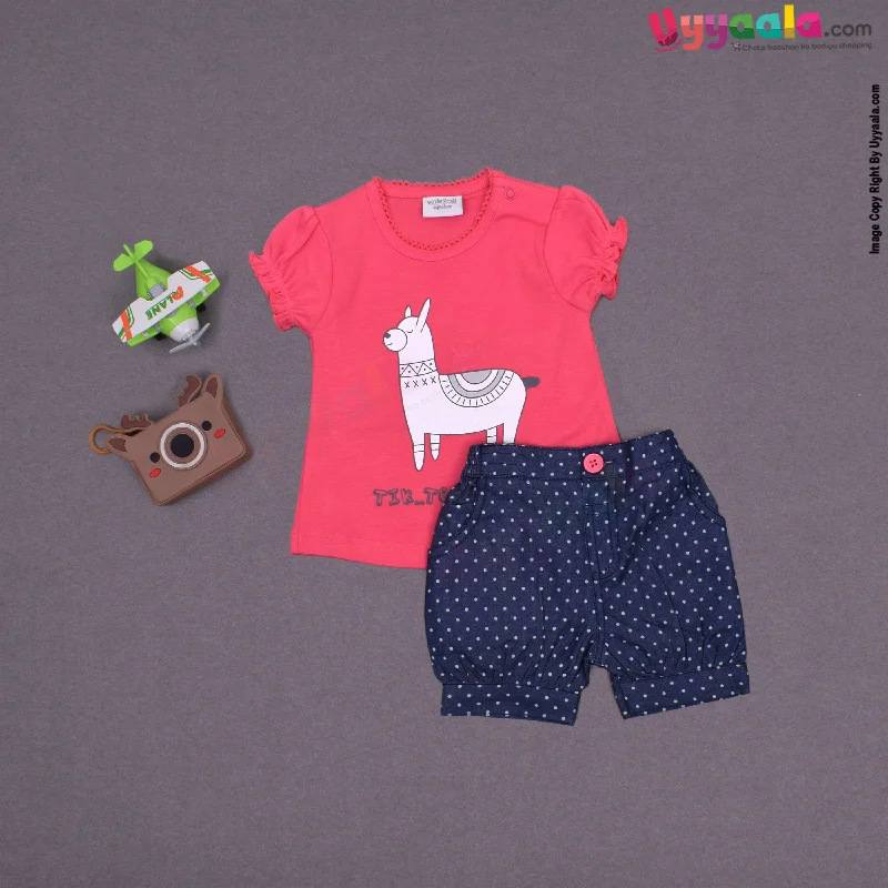 WONDER CHILD Party wear t shirt and short dress set for baby girl with animal and text print- pink & navy blue-- Hooded Caped Shawl Collar WONDER CHILD Party wear t shirt and short dress set for baby girl with animal and text print- pink & navy blue-- Hooded Caped Shawl Collar