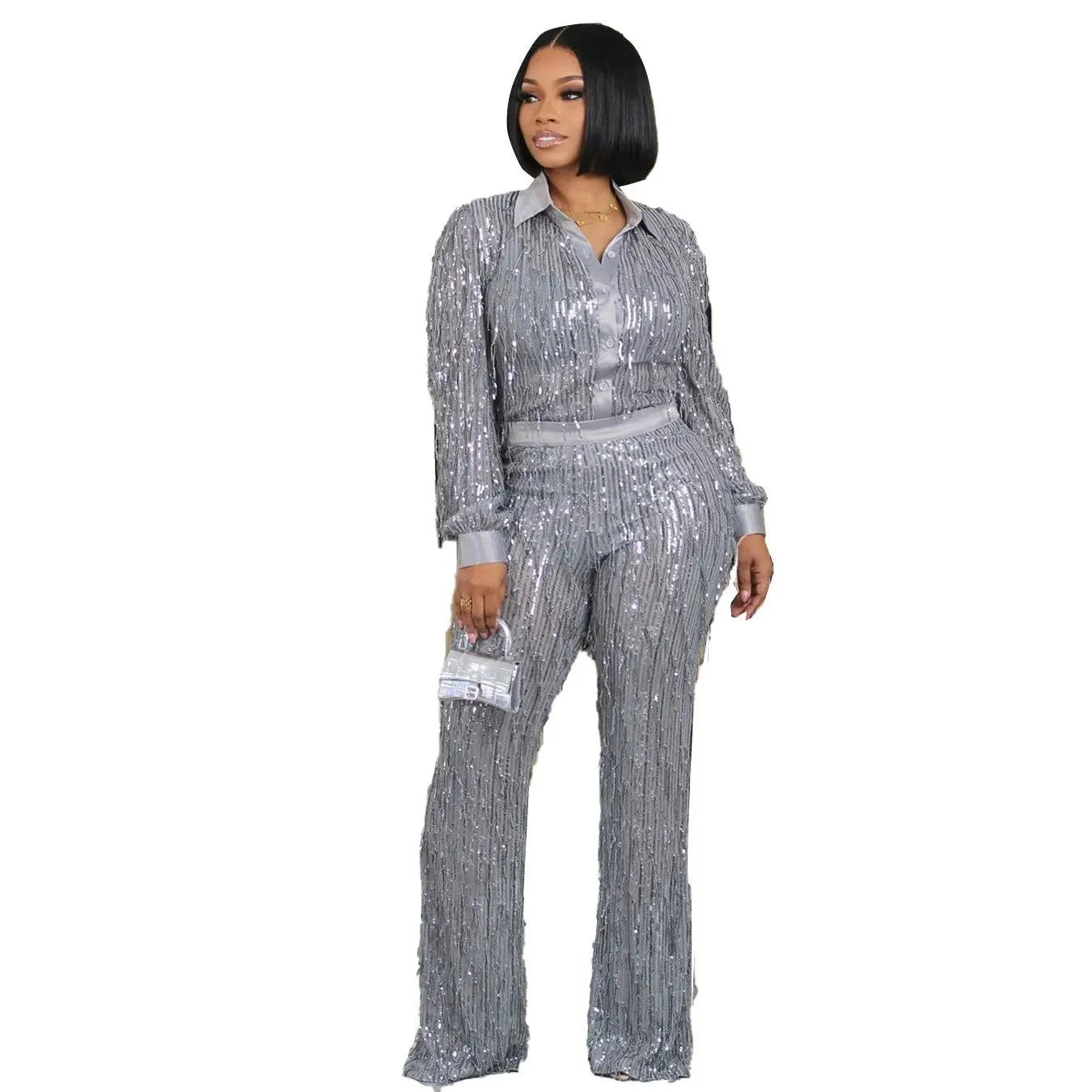 J&H Spring 2024 Sexy Tassel Sequin Transparent Shirt Long Sleeved Party Lady Elegant Straight Pants Two-Piece Set-- Sequined Glittery Shiny J&H Spring 2024 Sexy Tassel Sequin Transparent Shirt Long Sleeved Party Lady Elegant Straight Pants Two-Piece Set-- Sequined Glittery Shiny