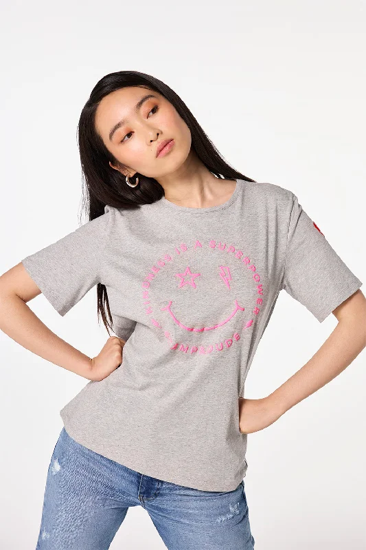 Grey Marl Smiley Face T-Shirt-- Chenille Blend Fleece Blend Nylon Blend