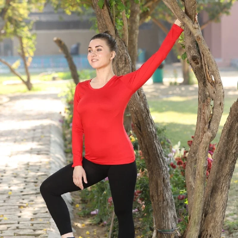 Full Sleeve T-Shirt | Bamboo Fabric | Comfortable | Women Active Wear | Red-- Notch Collar Peter Pan Collar Cowl Neck