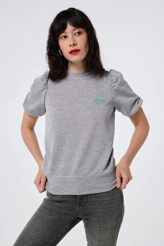 Grey Lurex Short Puff Sleeve T-Shirt-- Anti-Pilling Machine Wash Handmade