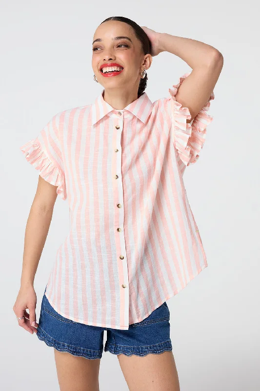 Coral and White Stripe Frill Sleeve Shirt-- Thin T-Shirt Open Front Quick Dry