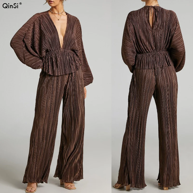 Bclout/QINSI Lady Elegant Loose High Waist Pants Set Fashion Brown Pleated Trouser Suits Sexy Deep V-Neck Shirts Two Piece Set-- Beaded Sequined Faux Fur