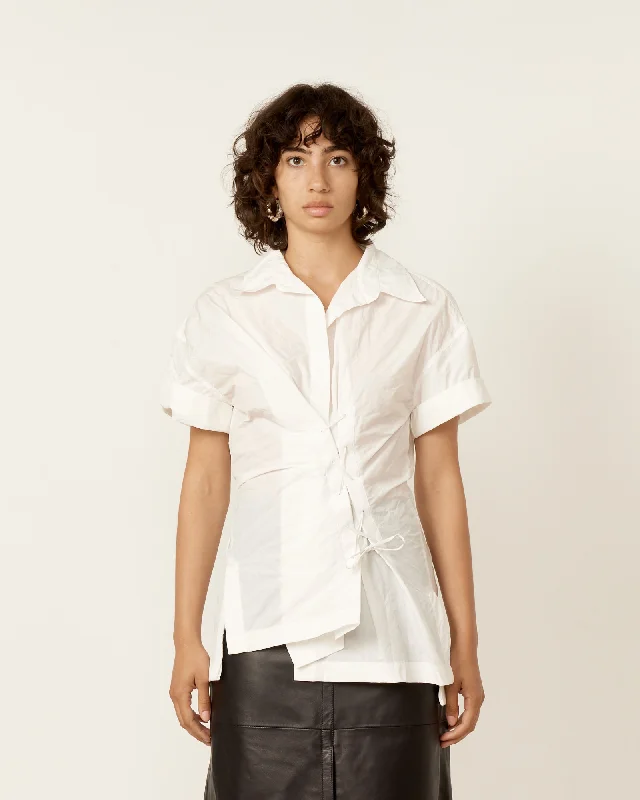 Click Drape Lace Up Shirt-- Asymmetrical Pockets Print
