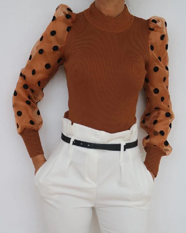 B2460 Women's Sheer Mesh See-through Blouse Elegant Slim Polka Dot Puff Long Sleeve Tops Shirt Turtleneck Fall Blouse-- Handmade Hand-knitted Hand-woven