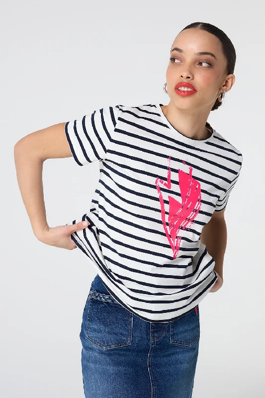 Ivory with Navy Stripe and Neon Pink Glitch Bolt T-Shirt-- Lace Blend Ribbed Blend Corduroy Blend