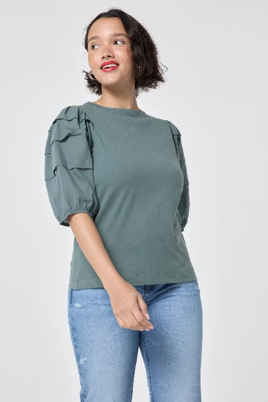 Khaki Pintuck Sleeve T-Shirt-- Layered Multi-layer Single Layer