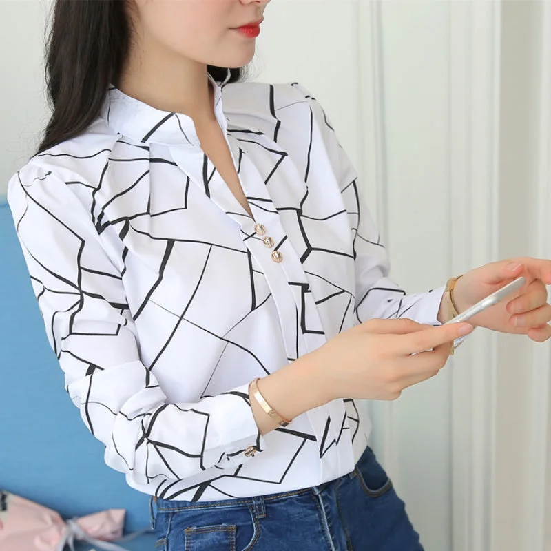 2023 Women Tops And Blouses Stripe Print Elegant Long Sleeve Office Lady Work Wear Shirts Female Slim Blusas-- Mesh Canvas Denim