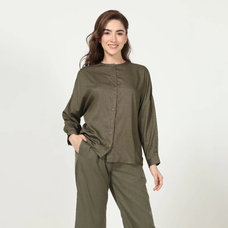 Olive Green Uncollared Women's Shirt In Modal | Effortless Elegance-- Print Jacquard Patchwork Olive Green Uncollared Women's Shirt In Modal | Effortless Elegance-- Print Jacquard Patchwork