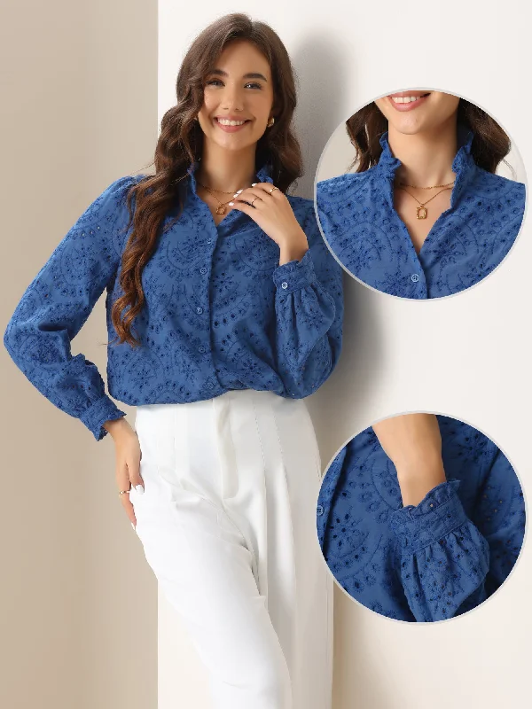 Long Sleeve Blouse for Women's Ruffled V Neck Casual Work Swiss Shirts-- Seamless Knitted Crochet