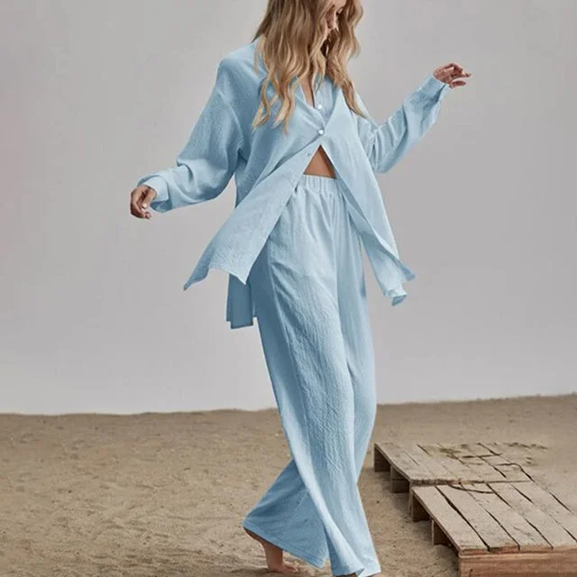 Elegant Loose Women Shirt Trouser Suits Long Sleeve Lapel Shirts And Elastic High waist Pants 2 Pieces Set Fashion Office Outfit-- Mesh Canvas Denim