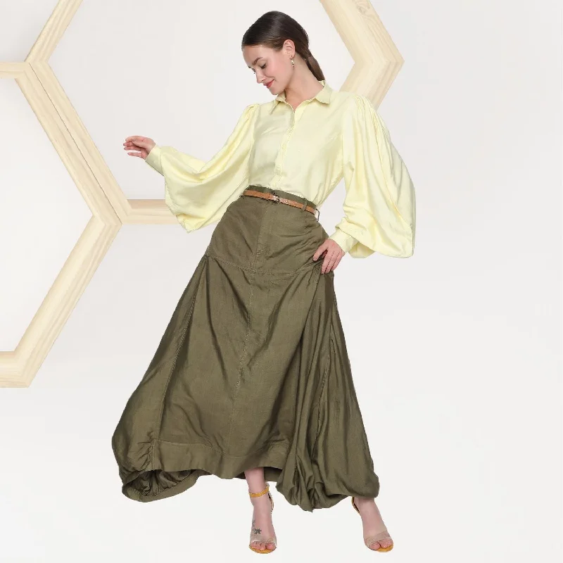 Magda Tussar Co-ord set | Kite Shape Shirt With Cowl Skirt  | Lemon Yellow & Olive-- Machine Wash Dry Clean Hand Wash