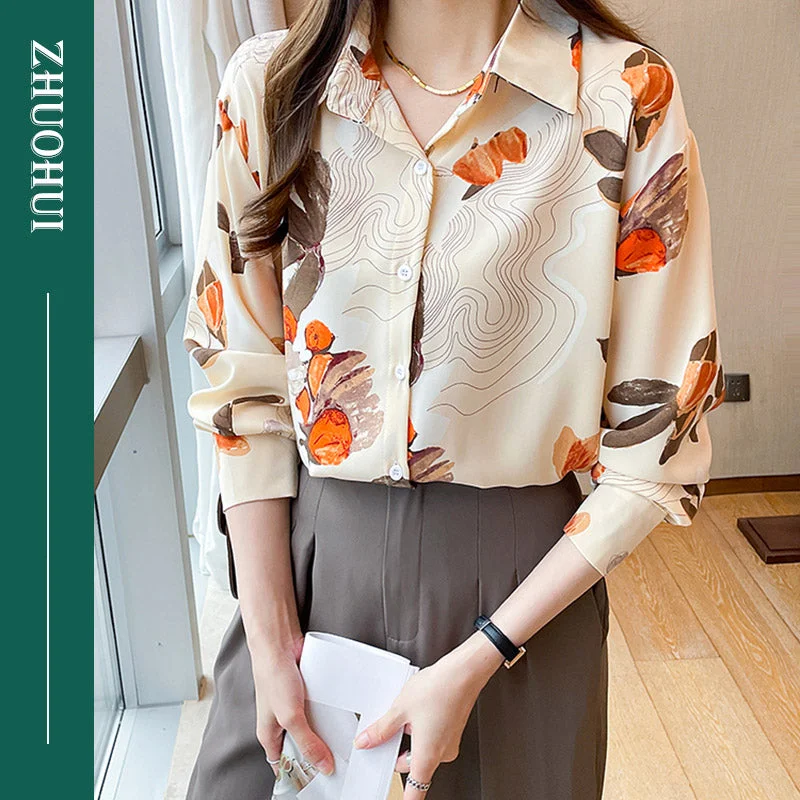 Elegant Polo Print Chiffon Blouse Women Causal Streetwear Office Shirts Ladies Clothes-- Embroidered Appliqued Beaded