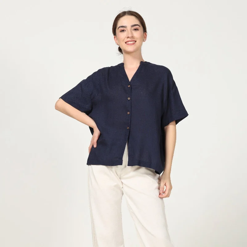 Women's Navy Blue Drop Shoulder Oversized Shirt | Polished Look-- Mesh Blend Leather Blend Suede Blend