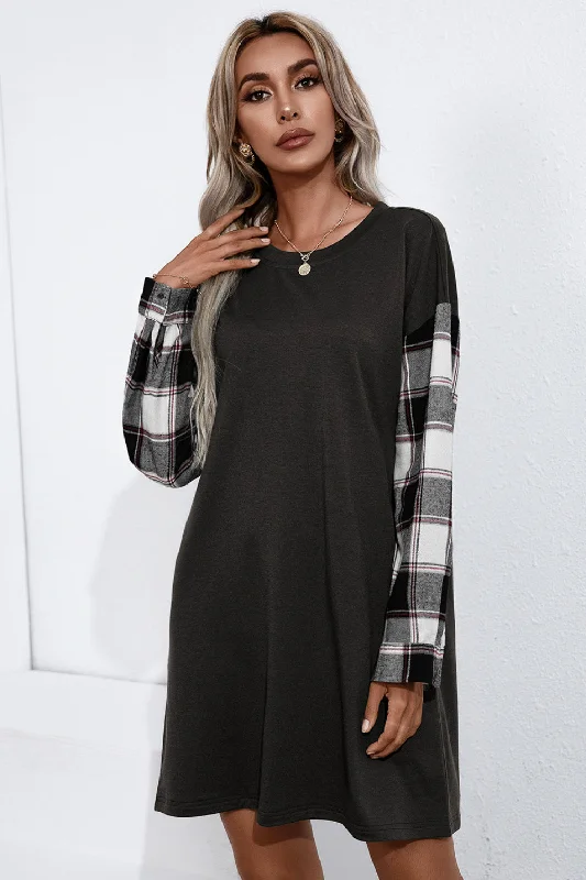 Plaid Sleeve Contrast T-Shirt Dress-- Chenille Blend Fleece Blend Nylon Blend