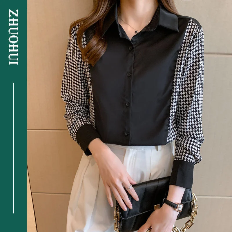 Chic Houndstooth Patchwork Long Sleeve Polo Single Breasted Slim Chiffon Blouse Shirts Women Elegant Polo Work Shirt Tops Ladies-- Satin Blend Silk Blend Wool Blend
