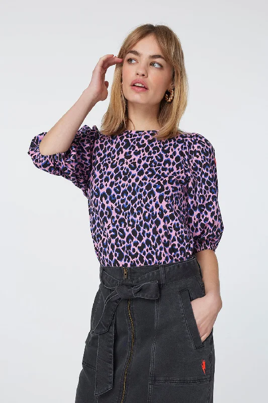 Pink with Blue and Black Shadow Leopard Puff Sleeve T-Shirt-- Faux Fur Fabric Real Fur Fabric Shearling Fabric