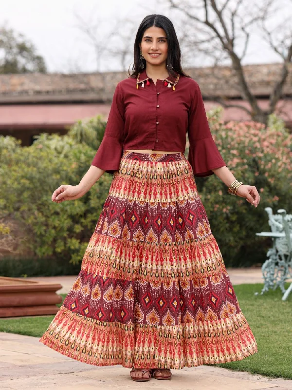 Women Solid Liva Rayon Rust Shirt With Multi Color Skirt Co-Ord Set-- Hooded Caped Shawl Collar