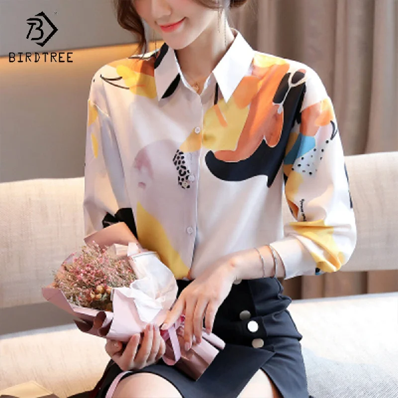 Trendy Women's Long Sleeve Shirts Elegant Printed Workwear Office Loose Blouses Chiffon Shirt Tops Autumn-- Collared T-Shirt Boat Neck A-Line
