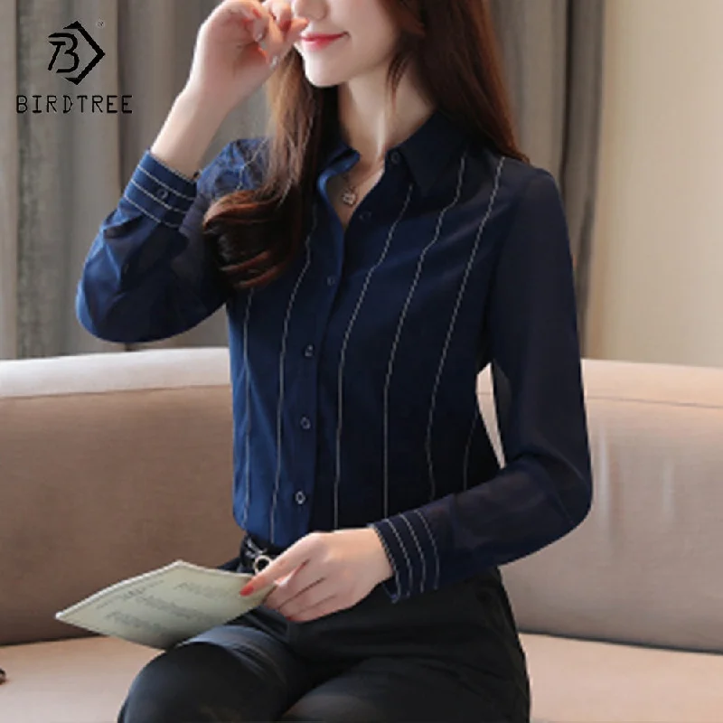 Real Shot Woman Long Sleeve Shirts Elegant Striped Workwear Office Slim  Chiffon Blouses Shirt Tops Autumn Custom Support-- Anti-Pilling Machine Wash Handmade