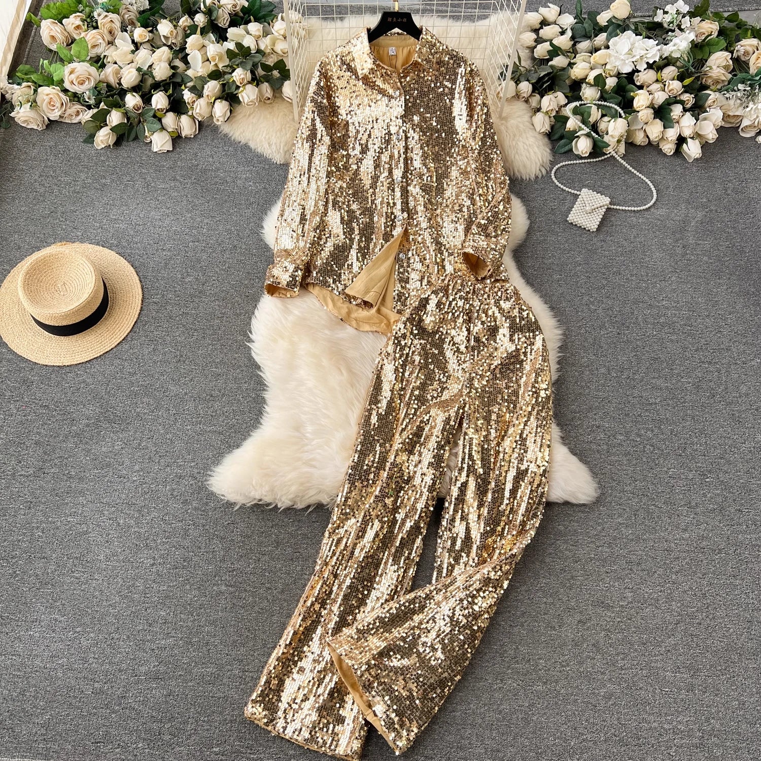 GX9524 New Arrival 2024 Spring Fashion Lady Street Wear Long Sleeve Bling Sequin Shirt and Wide Leg Pant 2 Piece Set Women-- Real Fur Shearling Chenille GX9524 New Arrival 2024 Spring Fashion Lady Street Wear Long Sleeve Bling Sequin Shirt and Wide Leg Pant 2 Piece Set Women-- Real Fur Shearling Chenille