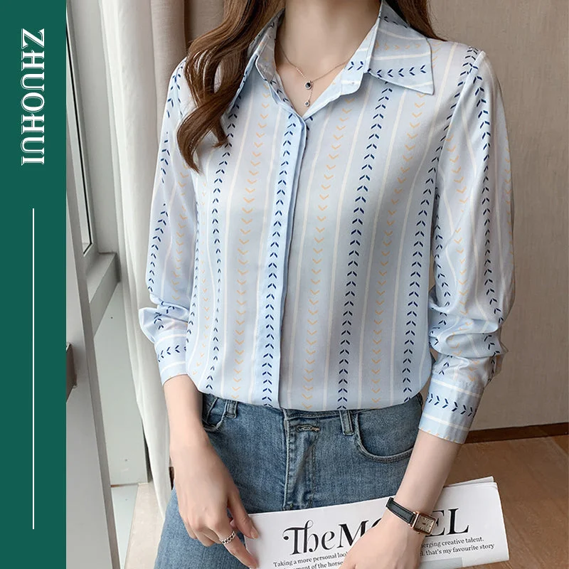 Women Chic Blouses Elegant Striped Print Office Shirt Ladies Spring Autumn Long Sleeve Shirts Tops Mujer-- Jersey Fabric Tulle Fabric Batik Fabric